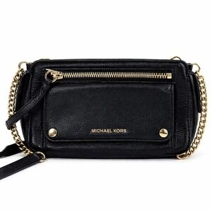 Michael Kors Black Zip Pebbled Leather Crossbody Bag Gold Hardware Chain Strap
